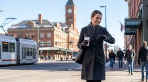 A busy professional woman in a winter coat checks her smartwatch and smiles while walking in front of Union Station in downtown Denver, illustrating a time-conscious individual utilizing their dental benefits.